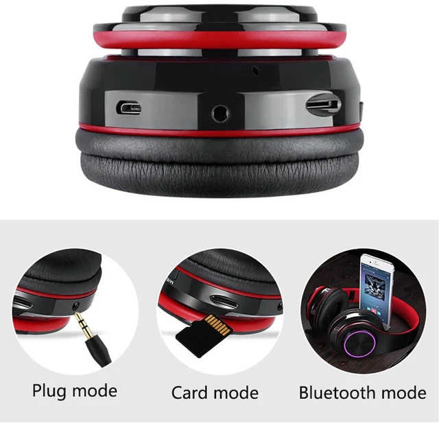 Alt view image 7 of 7 - Wireless Bluetooth Headphones with Colorful LED Lights, Black Red HiFi Stereo Sound,Light Weight,Foldable,Colorful Backlit,Rechageable,Over Ear Headset for PC/Travel/Class/Office/Kids/Adult