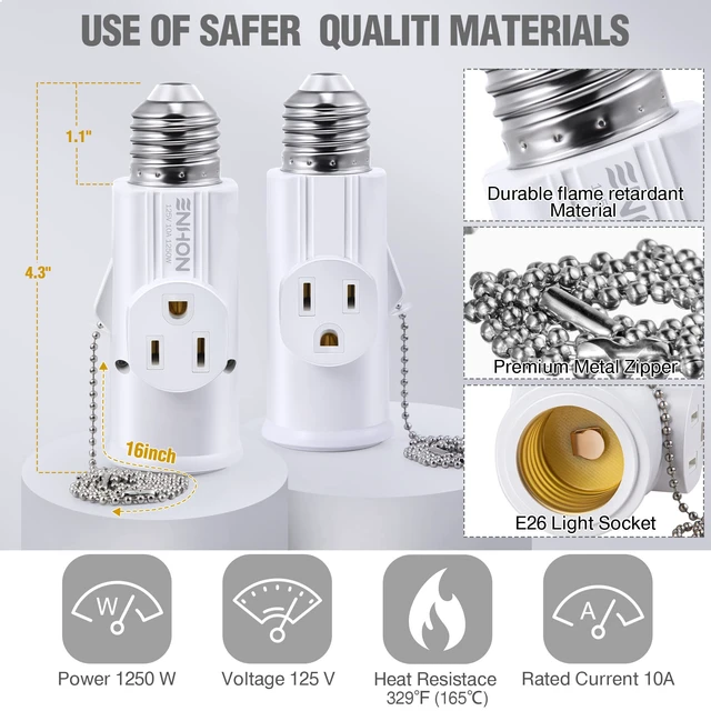 Alt view image 2 of 7 - 3 Prong E26 Light Socket to Plug Adapter (White,2 Pack) Supports 2 and 3 Prong Plugs, Pull Chain Switch Control, PBT 165 C Heat Resistant Lamp, Fits Garage Porch CCTV Camera
