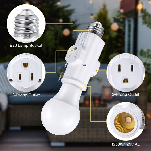 Alt view image 3 of 7 - 3 Prong E26 Light Socket to Plug Adapter (White,2 Pack) Supports 2 and 3 Prong Plugs, Pull Chain Switch Control, PBT 165 C Heat Resistant Lamp, Fits Garage Porch CCTV Camera