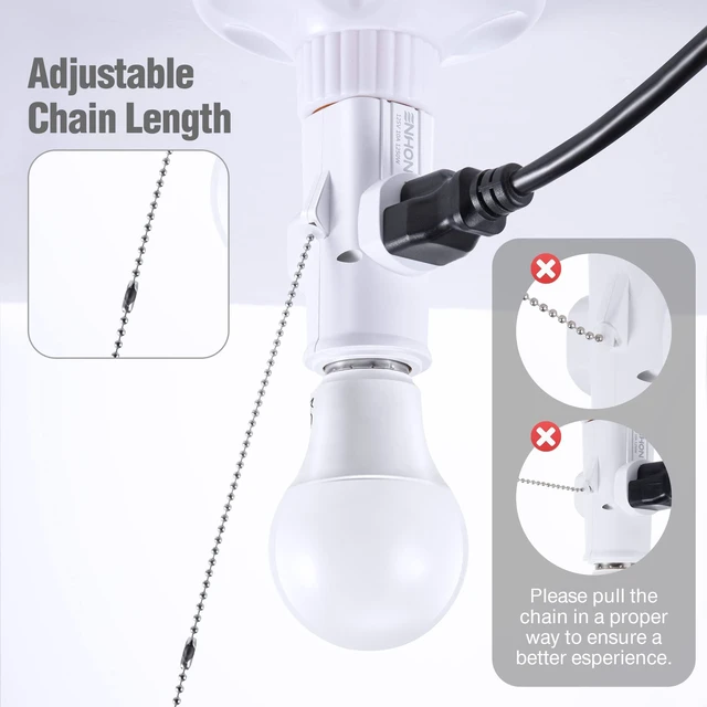 Alt view image 6 of 7 - 3 Prong E26 Light Socket to Plug Adapter (White,2 Pack) Supports 2 and 3 Prong Plugs, Pull Chain Switch Control, PBT 165 C Heat Resistant Lamp, Fits Garage Porch CCTV Camera