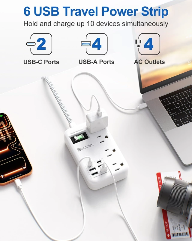 Alt view image 2 of 7 - Travel Power Strip with 6 USB (2 USB C), 4 Outlets, 4Ft Extension Cord 13A 6 USB Charging Station,4.8A,2 USB C,Surge Protector,Switch,Flat Plug,4FT Braided Extension Cord,For Travel Home Office Dorm