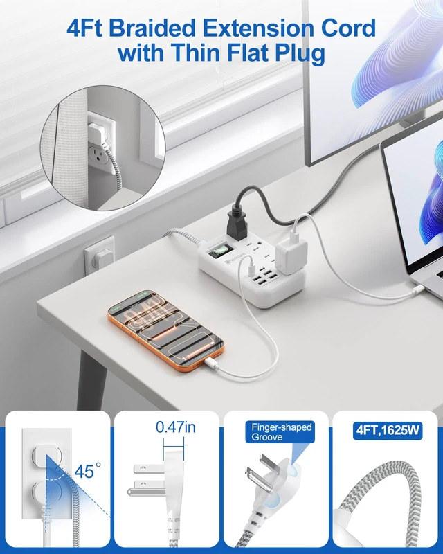 Alt view image 4 of 7 - Travel Power Strip with 6 USB (2 USB C), 4 Outlets, 4Ft Extension Cord 13A 6 USB Charging Station,4.8A,2 USB C,Surge Protector,Switch,Flat Plug,4FT Braided Extension Cord,For Travel Home Office Dorm