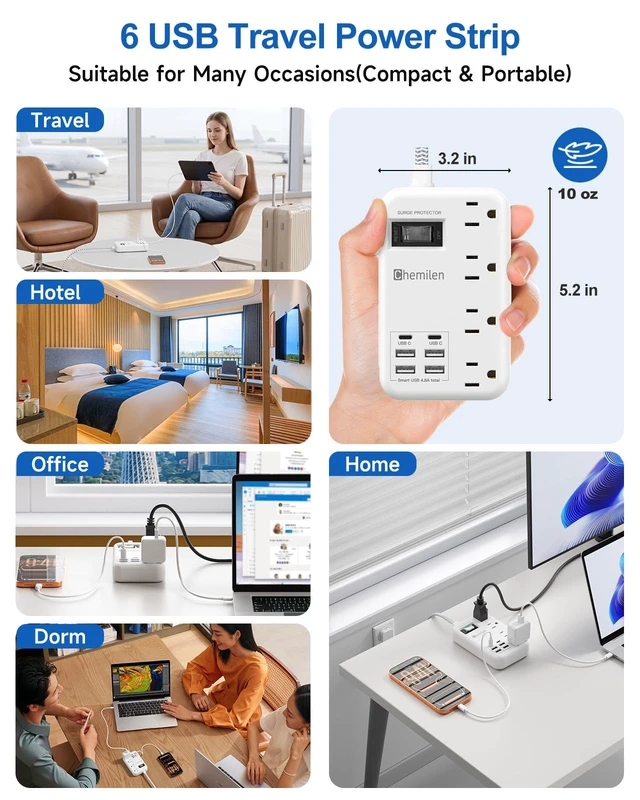 Alt view image 6 of 7 - Travel Power Strip with 6 USB (2 USB C), 4 Outlets, 4Ft Extension Cord 13A 6 USB Charging Station,4.8A,2 USB C,Surge Protector,Switch,Flat Plug,4FT Braided Extension Cord,For Travel Home Office Dorm