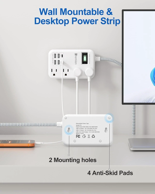 Alt view image 7 of 7 - Travel Power Strip with 6 USB (2 USB C), 4 Outlets, 4Ft Extension Cord 13A 6 USB Charging Station,4.8A,2 USB C,Surge Protector,Switch,Flat Plug,4FT Braided Extension Cord,For Travel Home Office Dorm