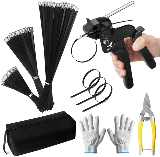 Main image of Metal Zip Ties Gun Set, Stainless Steel Zip Tie Tool with 150PCS Black Metal Zip Ties Heavy Duty Outdoor, Fastening Cutting Tie Tool Sets for Chain Link Fence, Exhaust Pipes, Automotive