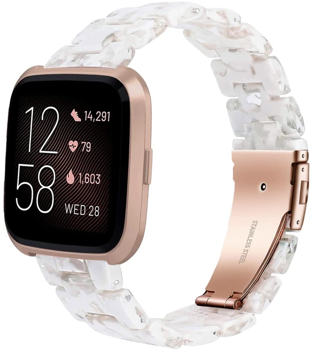 Main image of AWSMOR Compatible with Fitbit Versa 2 Band Women Men Resin Wristbands Strap with Stainless Steel Buckle Replacement for Fitbit Versa 2 Smartwatch (Flowery White Transparent)
