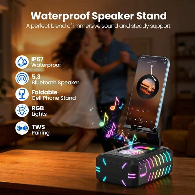 Alt view image 3 of 7 - IP67 Waterproof Bluetooth Speaker with Cell Phone Stand TWS Stereo Sound, RGB Lights, Portable Shower Speaker for Home, Party, Pool, Camping & Beach, Birthday Gifts for Men Women