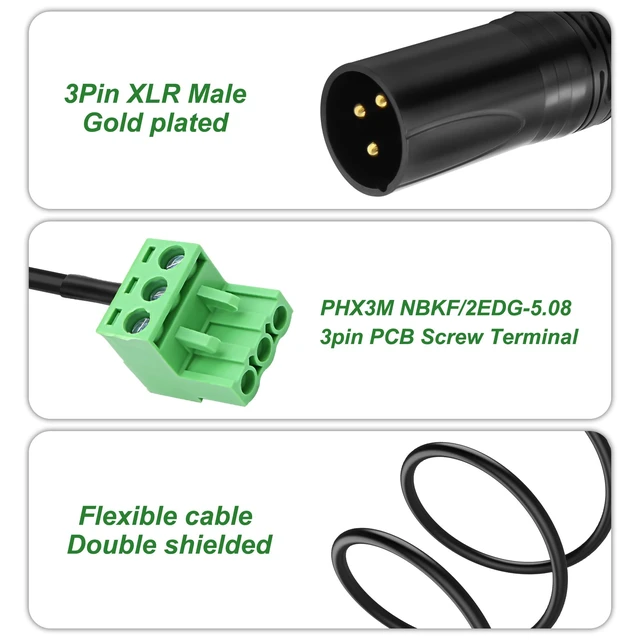Alt view image 3 of 7 - XLR to 3-pin Phoenix Cable XLR 3P Male to PHX3M NBKF/2EDG-5.08 3pin PCB Screw Terminal Block Adapter Connector Cord for Speakers -0.4M/1.3FT