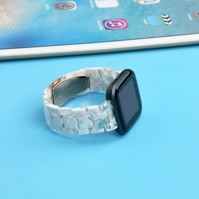 Alt view image 6 of 7 - AWSMOR Compatible with Fitbit Versa 2 Band Women Men Resin Wristbands Strap with Stainless Steel Buckle Replacement for Fitbit Versa 2 Smartwatch (Flowery White Transparent)