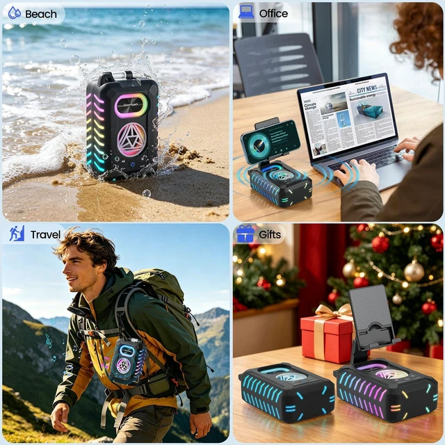 Alt view image 6 of 7 - IP67 Waterproof Bluetooth Speaker with Cell Phone Stand TWS Stereo Sound, RGB Lights, Portable Shower Speaker for Home, Party, Pool, Camping & Beach, Birthday Gifts for Men Women
