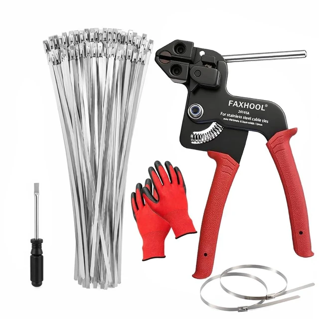 Main image of 113-Piece Stainless Steel Zip Ties Gun Kit, Stainless Steel Ties with Tool Includes 110 pcs 11.8 Metal Zip Ties, Release Tool and Gloves; for Exhaust Pipes, Chicken Coops and Farm Repair Fastening