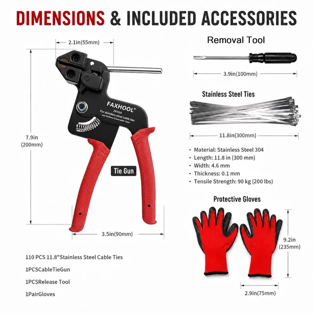 Alt view image 2 of 7 - 113-Piece Stainless Steel Zip Ties Gun Kit, Stainless Steel Ties with Tool Includes 110 pcs 11.8 Metal Zip Ties, Release Tool and Gloves; for Exhaust Pipes, Chicken Coops and Farm Repair Fastening