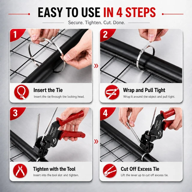 Alt view image 4 of 7 - 113-Piece Stainless Steel Zip Ties Gun Kit, Stainless Steel Ties with Tool Includes 110 pcs 11.8 Metal Zip Ties, Release Tool and Gloves; for Exhaust Pipes, Chicken Coops and Farm Repair Fastening