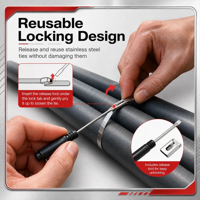 Alt view image 5 of 7 - 113-Piece Stainless Steel Zip Ties Gun Kit, Stainless Steel Ties with Tool Includes 110 pcs 11.8 Metal Zip Ties, Release Tool and Gloves; for Exhaust Pipes, Chicken Coops and Farm Repair Fastening