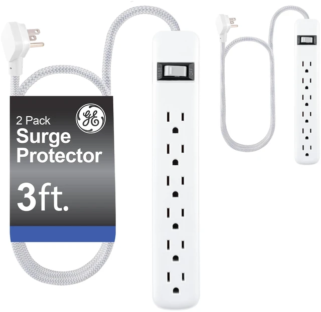 Main image of 6-Outlet Sur Protector, 3 Ft Extension Cord, 450 Joules, Power Strip Flat Plug, Integrated Circuit Breaker, Wall Mount, ETL Listed, White, 2 Pack 84466