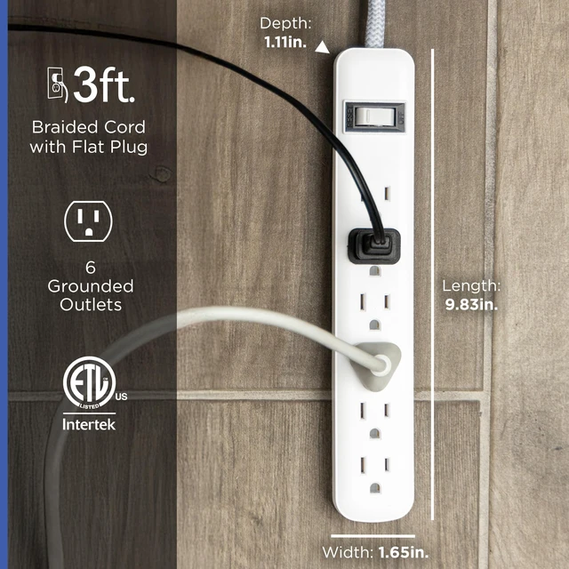 Alt view image 3 of 7 - 6-Outlet Sur Protector, 3 Ft Extension Cord, 450 Joules, Power Strip Flat Plug, Integrated Circuit Breaker, Wall Mount, ETL Listed, White, 2 Pack 84466