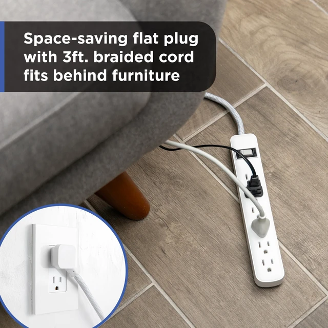 Alt view image 4 of 7 - 6-Outlet Sur Protector, 3 Ft Extension Cord, 450 Joules, Power Strip Flat Plug, Integrated Circuit Breaker, Wall Mount, ETL Listed, White, 2 Pack 84466