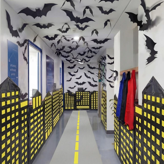 Main image of Bat Theme Party Decor Hero Halloween Birthday Backdrop 2 Pcs 8.2x3.3ft Skyscraper Backdrop, 9.8x1.3ft Road Rug, 120 Pcs 3D Bat Cutouts, Halloween Bat Backdrop, Hallway Wall Props