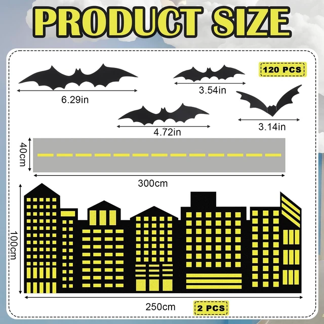 Alt view image 2 of 6 - Bat Theme Party Decor Hero Halloween Birthday Backdrop 2 Pcs 8.2x3.3ft Skyscraper Backdrop, 9.8x1.3ft Road Rug, 120 Pcs 3D Bat Cutouts, Halloween Bat Backdrop, Hallway Wall Props