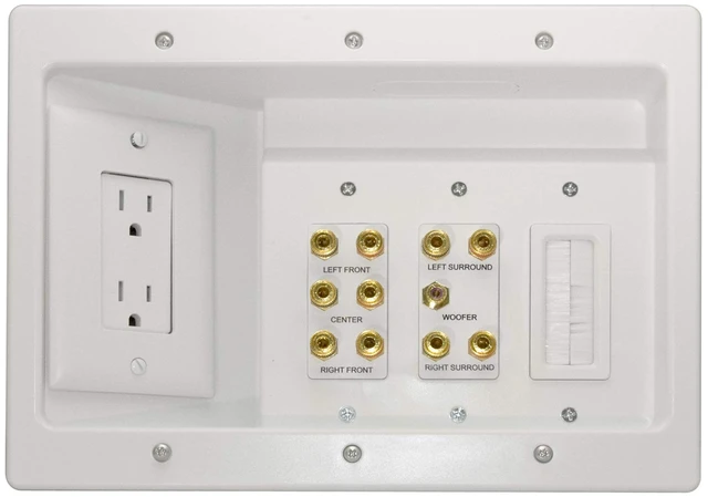 Main image of Legrand - OnQ Home Theater Connection, Recessed TV Outlet Supports 5.1 Speaker System, in Wall TV Power Kit Hides Cords, TV Outlet Box Works with All Plugs, TV Outlet Wall Kit, White, HT2103WHV1