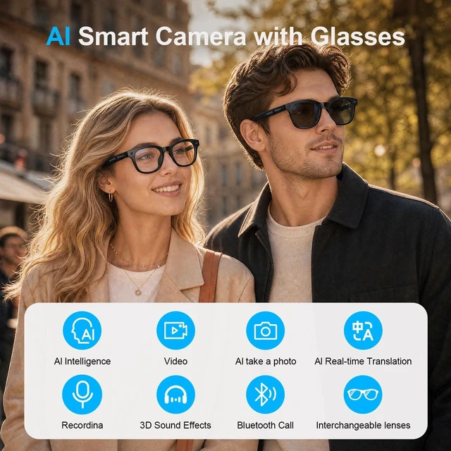 Alt view image 2 of 7 - AI Smart Glasses with 1080P Video, Real-Time Translation and Open-Ear Audio 8MP Photo Camera and AI Voice Assistant with Dual-Mic and WiFi Transfer. Swappable Lenses for Travel, Meetings and Daily Use