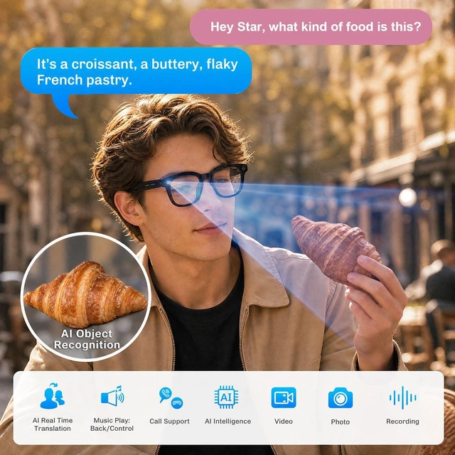 Alt view image 4 of 7 - AI Smart Glasses with 1080P Video, Real-Time Translation and Open-Ear Audio 8MP Photo Camera and AI Voice Assistant with Dual-Mic and WiFi Transfer. Swappable Lenses for Travel, Meetings and Daily Use