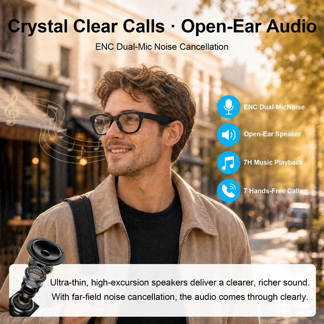 Alt view image 5 of 7 - AI Smart Glasses with 1080P Video, Real-Time Translation and Open-Ear Audio 8MP Photo Camera and AI Voice Assistant with Dual-Mic and WiFi Transfer. Swappable Lenses for Travel, Meetings and Daily Use