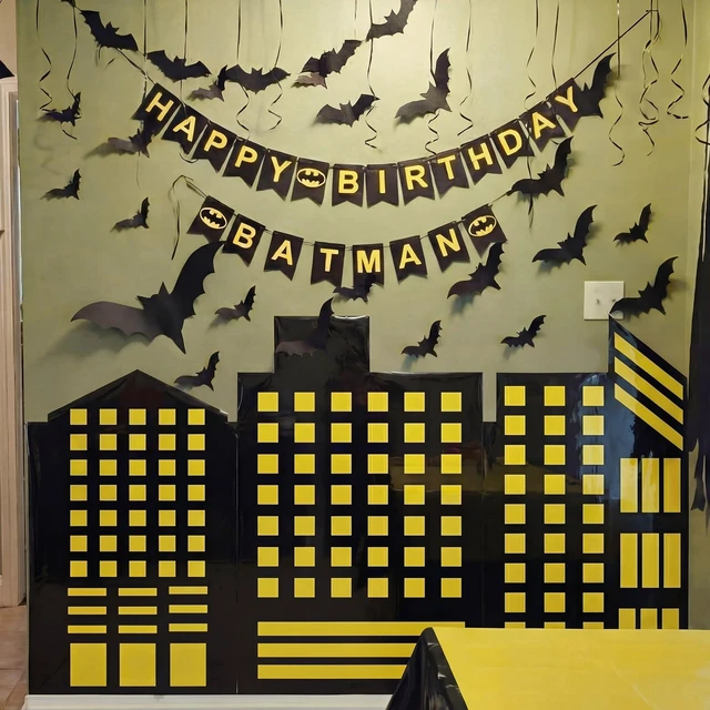 Alt view image 4 of 6 - Bat Theme Party Decor Hero Halloween Birthday Backdrop 2 Pcs 8.2x3.3ft Skyscraper Backdrop, 9.8x1.3ft Road Rug, 120 Pcs 3D Bat Cutouts, Halloween Bat Backdrop, Hallway Wall Props