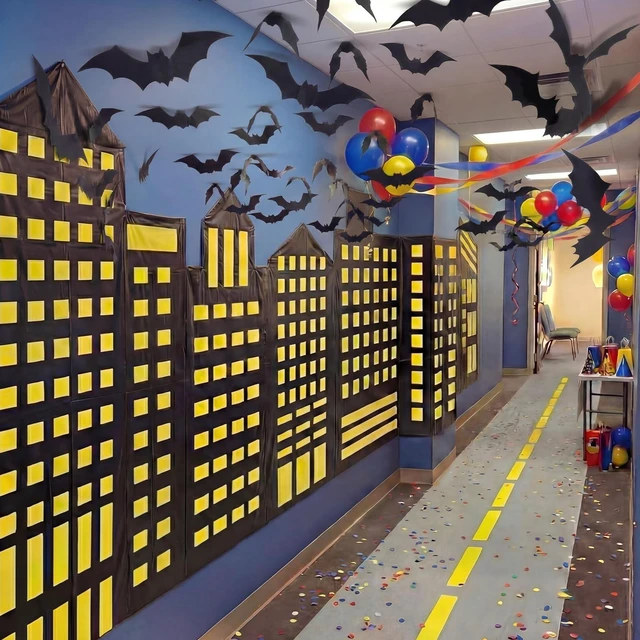 Alt view image 5 of 6 - Bat Theme Party Decor Hero Halloween Birthday Backdrop 2 Pcs 8.2x3.3ft Skyscraper Backdrop, 9.8x1.3ft Road Rug, 120 Pcs 3D Bat Cutouts, Halloween Bat Backdrop, Hallway Wall Props