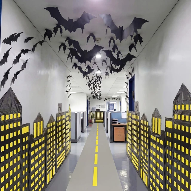 Alt view image 6 of 6 - Bat Theme Party Decor Hero Halloween Birthday Backdrop 2 Pcs 8.2x3.3ft Skyscraper Backdrop, 9.8x1.3ft Road Rug, 120 Pcs 3D Bat Cutouts, Halloween Bat Backdrop, Hallway Wall Props