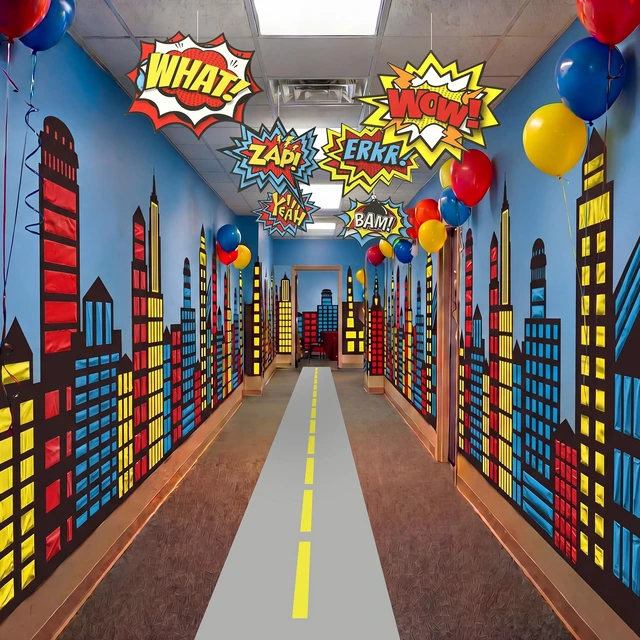 Alt view image 2 of 6 - Hero Theme Party Decor Halloween Skyscraper Backdrop 3D Comic Cutouts 2 Pcs 8.2x3.3 ft Modern City Backdrop, 9.8x1.3ft Road Rug, 6 Pcs Hero Action Signs, Hero Birthday Decor, Hallway Wall Props