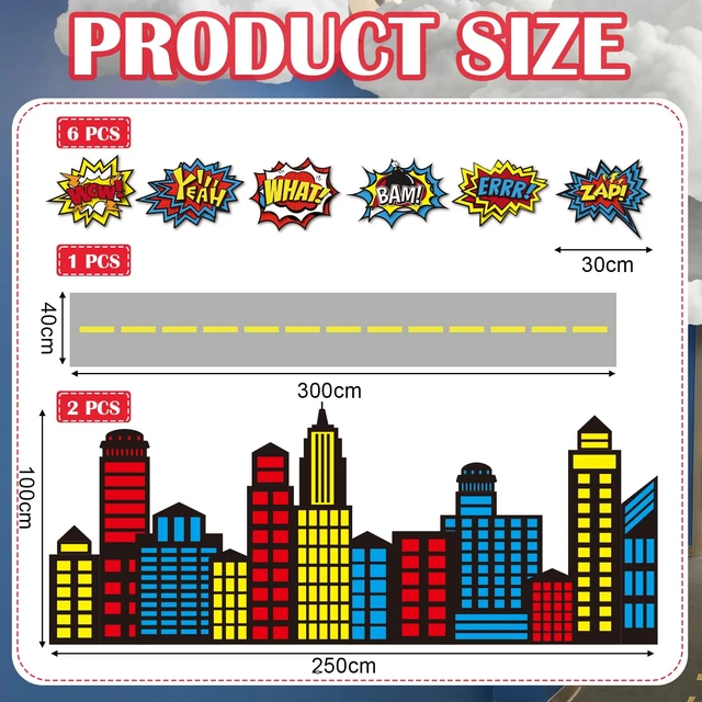 Alt view image 3 of 6 - Hero Theme Party Decor Halloween Skyscraper Backdrop 3D Comic Cutouts 2 Pcs 8.2x3.3 ft Modern City Backdrop, 9.8x1.3ft Road Rug, 6 Pcs Hero Action Signs, Hero Birthday Decor, Hallway Wall Props