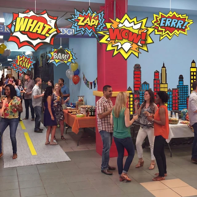 Alt view image 5 of 6 - Hero Theme Party Decor Halloween Skyscraper Backdrop 3D Comic Cutouts 2 Pcs 8.2x3.3 ft Modern City Backdrop, 9.8x1.3ft Road Rug, 6 Pcs Hero Action Signs, Hero Birthday Decor, Hallway Wall Props
