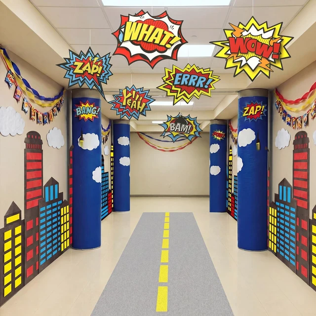 Alt view image 6 of 6 - Hero Theme Party Decor Halloween Skyscraper Backdrop 3D Comic Cutouts 2 Pcs 8.2x3.3 ft Modern City Backdrop, 9.8x1.3ft Road Rug, 6 Pcs Hero Action Signs, Hero Birthday Decor, Hallway Wall Props