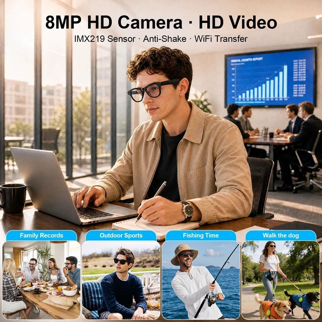 Alt view image 7 of 7 - AI Smart Glasses with 1080P Video, Real-Time Translation and Open-Ear Audio 8MP Photo Camera and AI Voice Assistant with Dual-Mic and WiFi Transfer. Swappable Lenses for Travel, Meetings and Daily Use