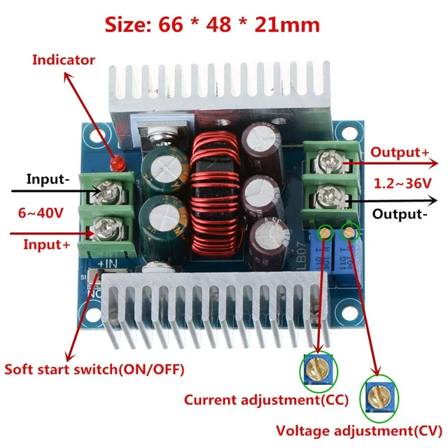 Alt view image 2 of 7 - 2PCS CC CV DC 6-40V to 1.2-36V Buck Converter20A 300W Constant Current, Adjustable Step Down Voltage Regulator, Power Supply Module, with Short Circuit Protection Function