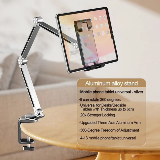 Alt view image 2 of 7 - Heavy Duty Phone/Tablet Metal Holder for Bed Adjustable Foldable Stand for Desk Aluminum Universal Lazy Bracket 360° Rotation Flexible Long Arm for 4-13 Inch Devices (Silver, CT9)