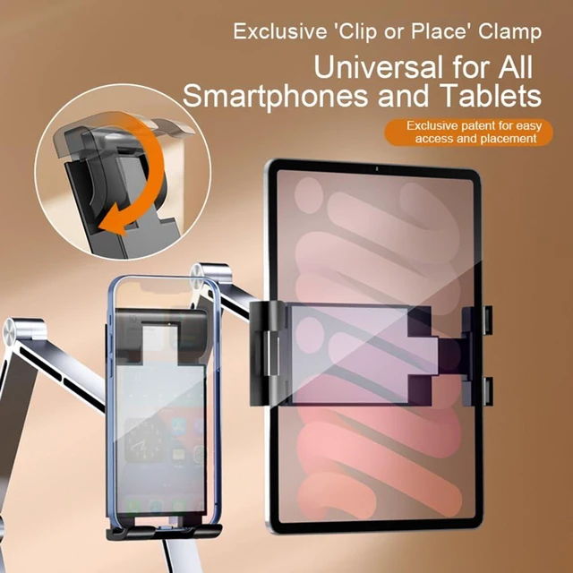 Alt view image 3 of 7 - Phone/Tablet Metal Holder Stand, Grey, CT9 Heavy Duty, Adjustable Foldable, Aluminum Universal Lazy Bracket, 360° Rotation Flexible Long Arm, For 4-13 Inch Devices