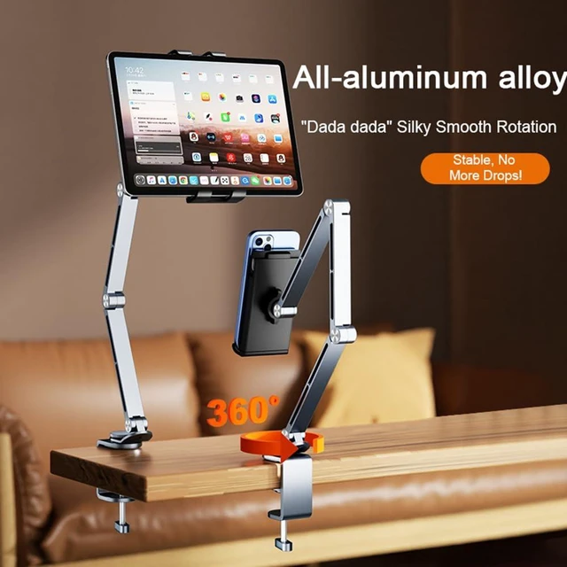 Alt view image 2 of 7 - Phone/Tablet Metal Holder Stand, Grey, CT9 Heavy Duty, Adjustable Foldable, Aluminum Universal Lazy Bracket, 360° Rotation Flexible Long Arm, For 4-13 Inch Devices