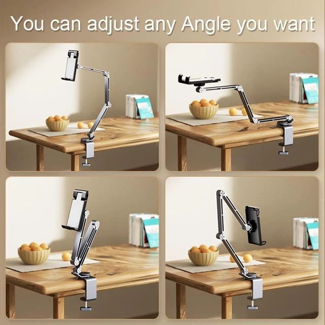 Alt view image 5 of 7 - Phone/Tablet Metal Holder Stand, Grey, CT9 Heavy Duty, Adjustable Foldable, Aluminum Universal Lazy Bracket, 360° Rotation Flexible Long Arm, For 4-13 Inch Devices