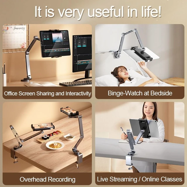 Alt view image 6 of 7 - Phone/Tablet Metal Holder Stand, Grey, CT9 Heavy Duty, Adjustable Foldable, Aluminum Universal Lazy Bracket, 360° Rotation Flexible Long Arm, For 4-13 Inch Devices