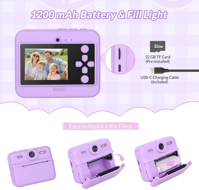 Alt view image 6 of 7 - Kids Camera Instant Print, 48MP Digital Camera Selfie 1080P Video with 32G TF Card, Toys Gifts for Girls Boys Aged 3-12 for Christmas/Birthday/Holiday (Purple)