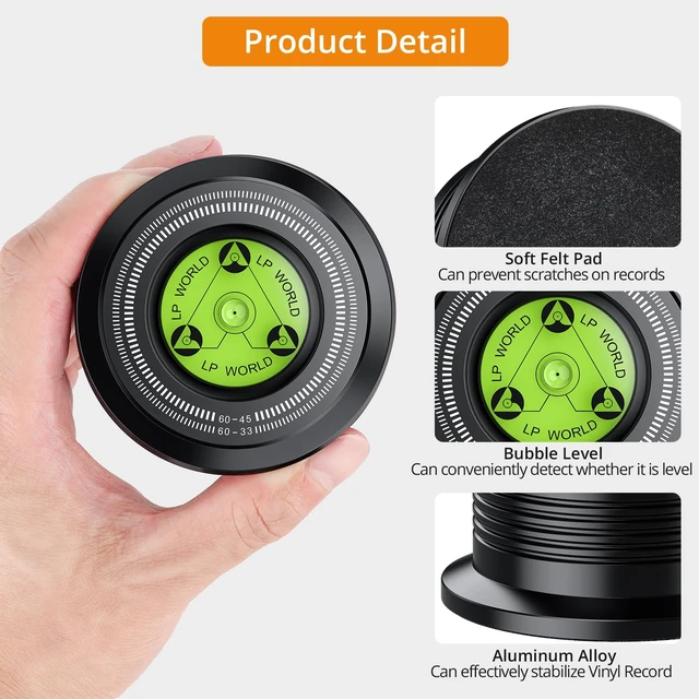 Alt view image 3 of 7 - Record Weight Stabilizer, Aluminum, 266g/9.38oz, 7mm Spindle Hole Record Weight, Built-In Bubble Level, 33/45 RPM Guide, Felt Base, for Vinyl LP Record Player 60Hz