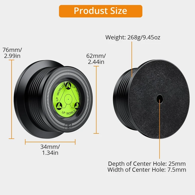 Alt view image 2 of 7 - Record Weight Stabilizer, Aluminum, 266g/9.38oz, 7mm Spindle Hole Record Weight, Built-In Bubble Level, 33/45 RPM Guide, Felt Base, for Vinyl LP Record Player 60Hz
