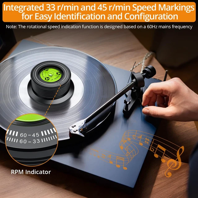 Alt view image 4 of 7 - Record Weight Stabilizer, Aluminum, 266g/9.38oz, 7mm Spindle Hole Record Weight, Built-In Bubble Level, 33/45 RPM Guide, Felt Base, for Vinyl LP Record Player 60Hz