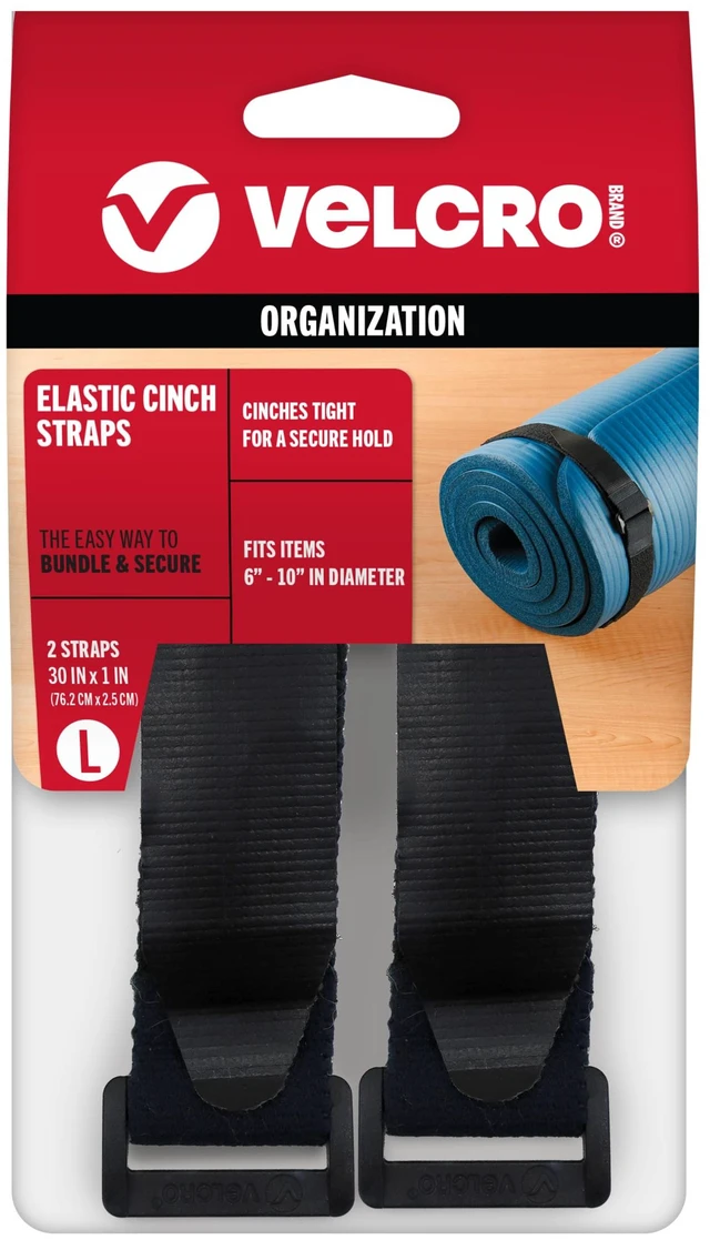 Main image of All-Purpose Elastic Straps, Black, 30in x 1in, 2 Count Reusable Elastic Straps For Fastening Wires, Organizing Cords, Bundling Items, Garage And Gear Storage, Tool Storage, Kits