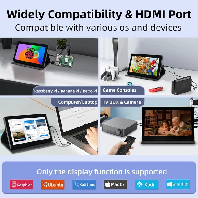 Alt view image 4 of 6 - 7 inch Portable Monitor, 1024x600 HDMI Raspberry Pi Screen, Dual-Speaker IPS LCD Display Mini Monitor for Laptop Xbox PS3 Raspberry Pi 5 4B 3B+