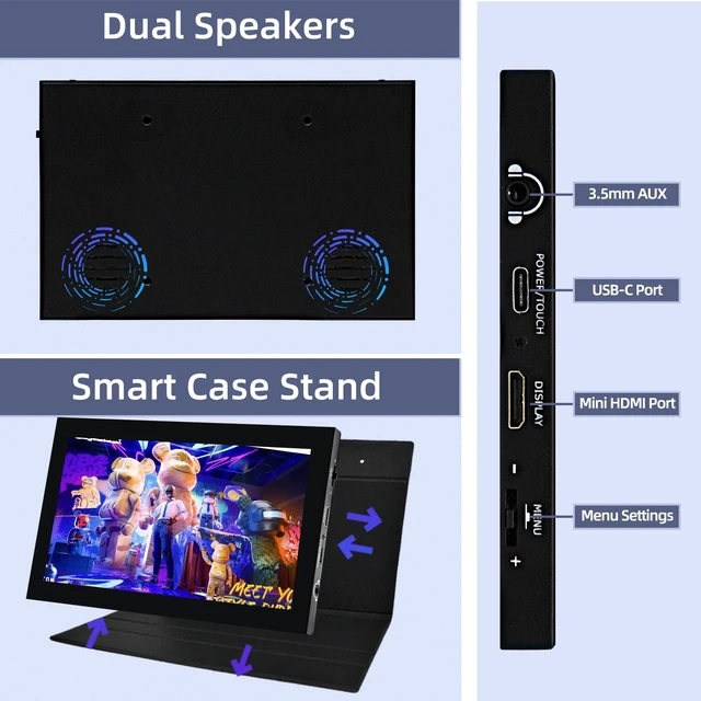 Alt view image 5 of 6 - 7 inch Portable Monitor, 1024x600 HDMI Raspberry Pi Screen, Dual-Speaker IPS LCD Display Mini Monitor for Laptop Xbox PS3 Raspberry Pi 5 4B 3B+