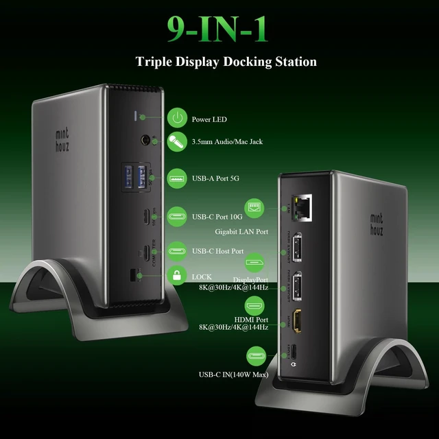 Alt view image 2 of 7 - Laptop Docking Station, 9in1 Dock with Detachable USBC Hub 3 Display USB C Dock 2 DP/HDMI/,140W PD,10Gbps 3.0USB A/C Ports,Gigabit Ethernet,Audio/Mic for MacBook,Windows System