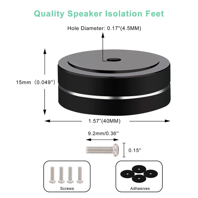 Alt view image 4 of 7 - Speaker Isolation Feet 4Pcs 40x15mm Load 400KG Aluminum Audio feet(Black) Turntable Feet with Non-Slip Rubber Rings/Adhesive/Screws for Audio,Speakers,Subwoofers,Amplifier,Turntable,DAC